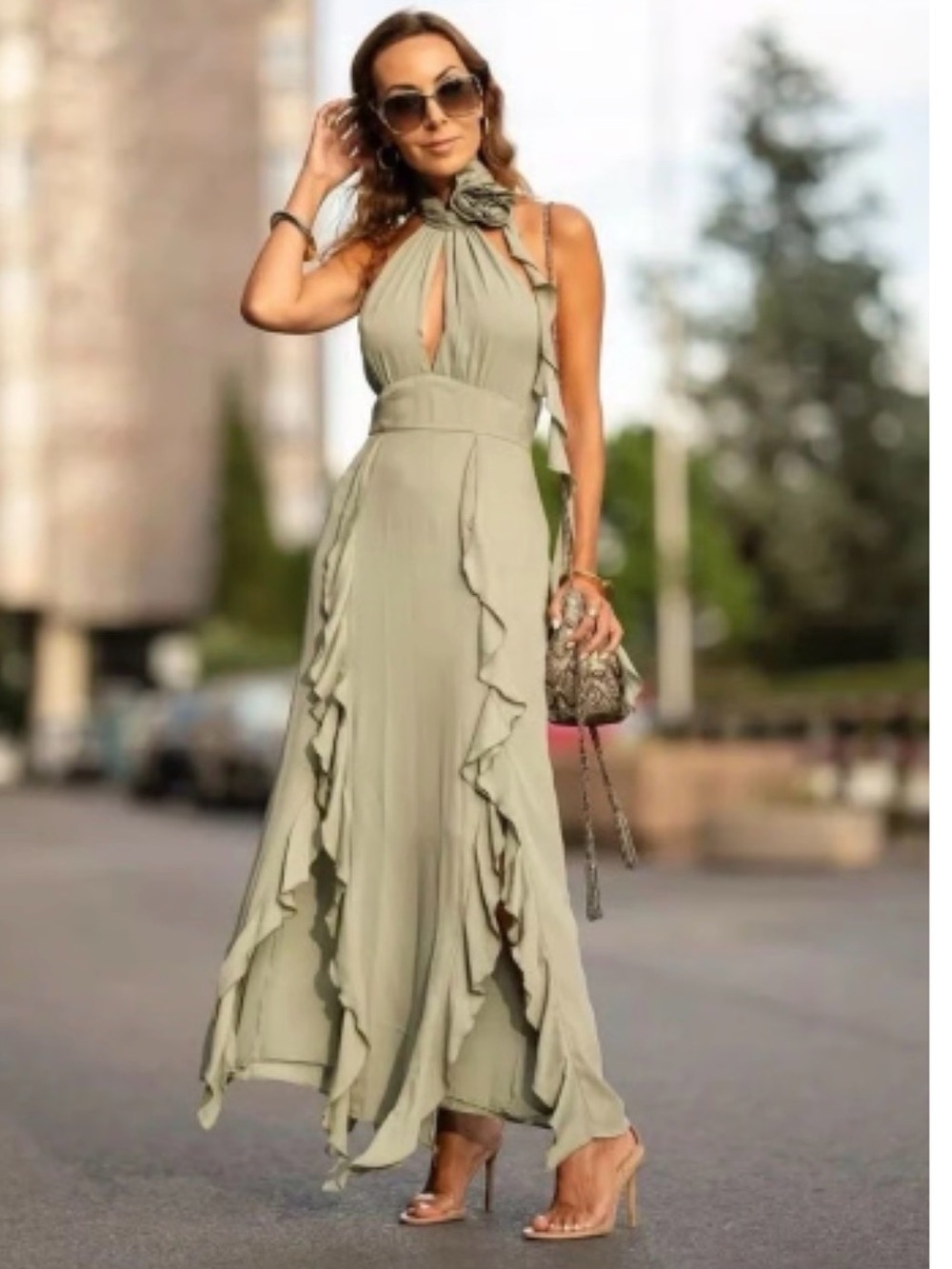 Zara Olive Green Halter Ruffled Maxi Dress